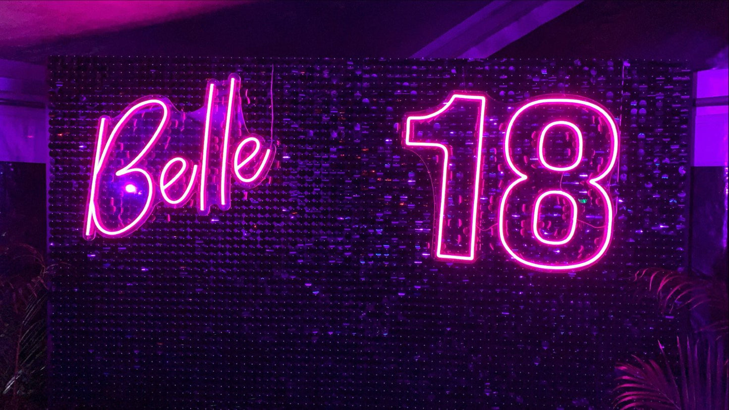 Pictured here with our Black shimmer wall and a custom "Belle" neon sign (which Belle got to keep)